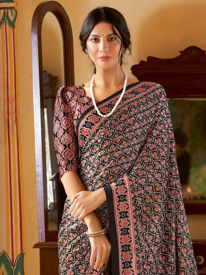 Women's Crepe Black Printed Designer Saree With Blouse Piece