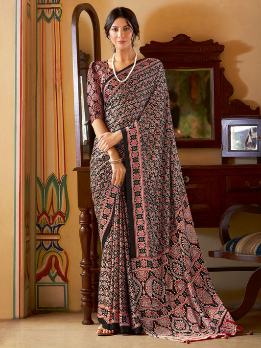 Women's Crepe Black Printed Designer Saree With Blouse Piece
