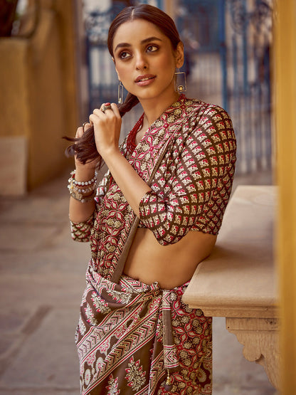 Women's Crepe Brown Printed Designer Saree With Blouse Piece