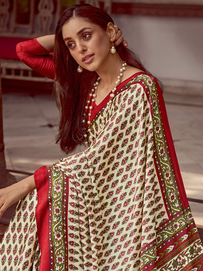 Women's Crepe Red Printed Designer Saree With Blouse Piece