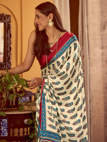 Women's Crepe Red Printed Designer Saree With Blouse Piece