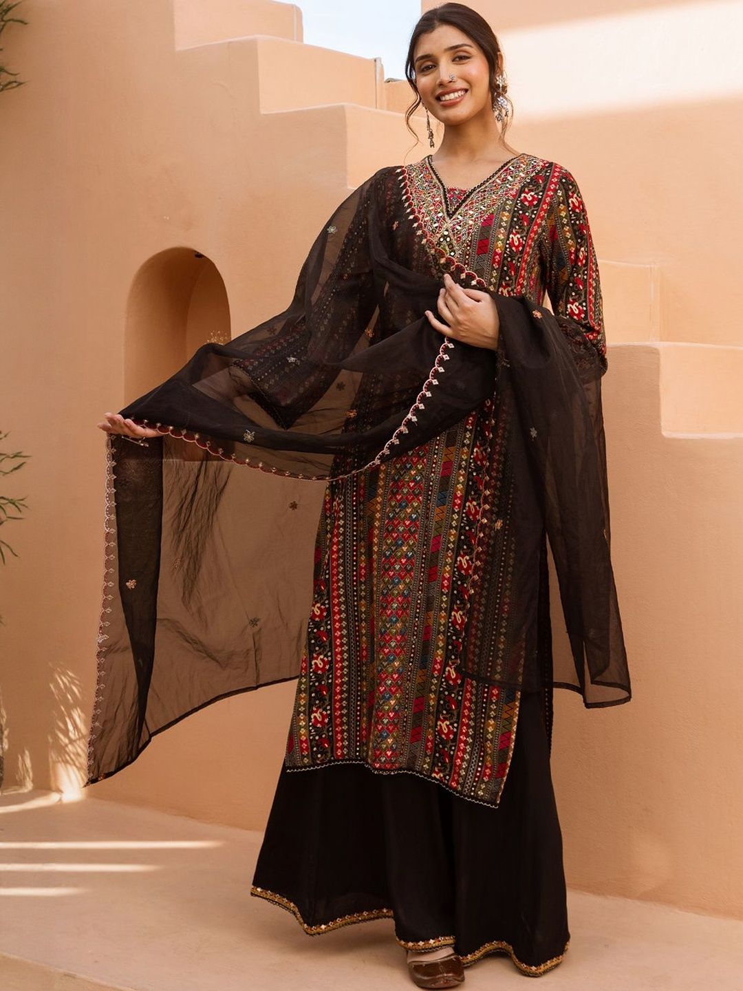 Dhiyona IE Women Ethnic Motifs Embroidered Regular Mirror Work Kurta with Palazzos & Dupatta