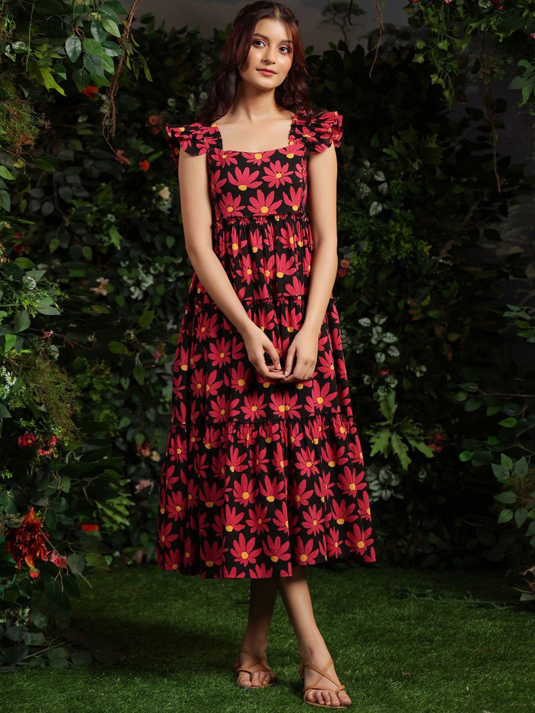 Dhiyona AY Women's Floral Printed Fit & Flare Ethnic Midi Dress
