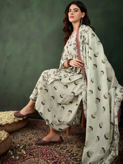Floral Printed Pure Cotton Kurta With Trousers & Dupatta