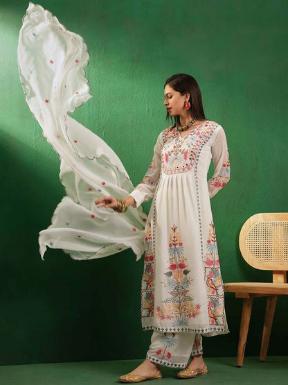 Dhiyona KL Floral Embroidered Mirror Work V-Neck Georgette Kurta With Palazzos And Dupatta