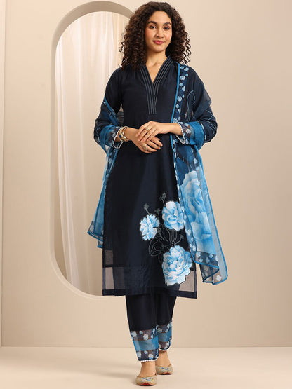 Floral Printed V-Neck Thread Work Straight Kurta With Trousers & Dupatta