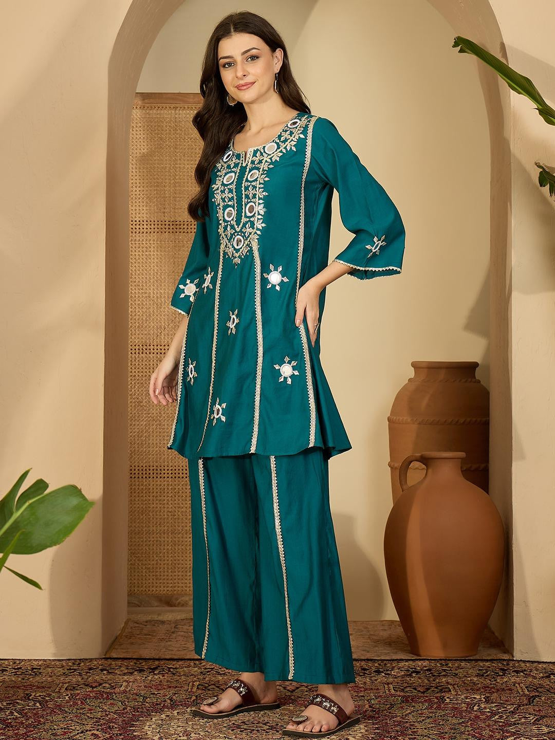 Women Floral Embroidered Regular Mirror Work Kurta with Palazzos