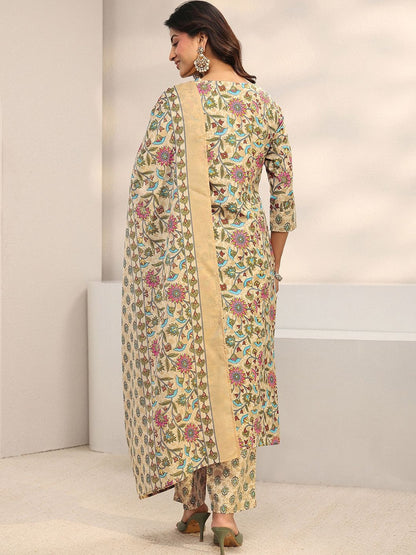 Women Floral Printed Regular Thread Work Kurta with Trousers & With Dupatta