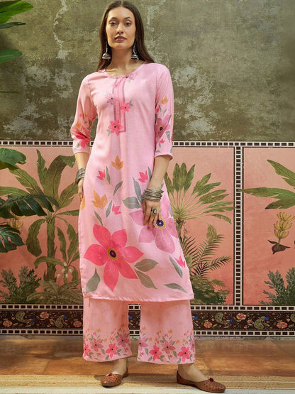 Floral Print Cotton Blend Straight Kurta & Trousers