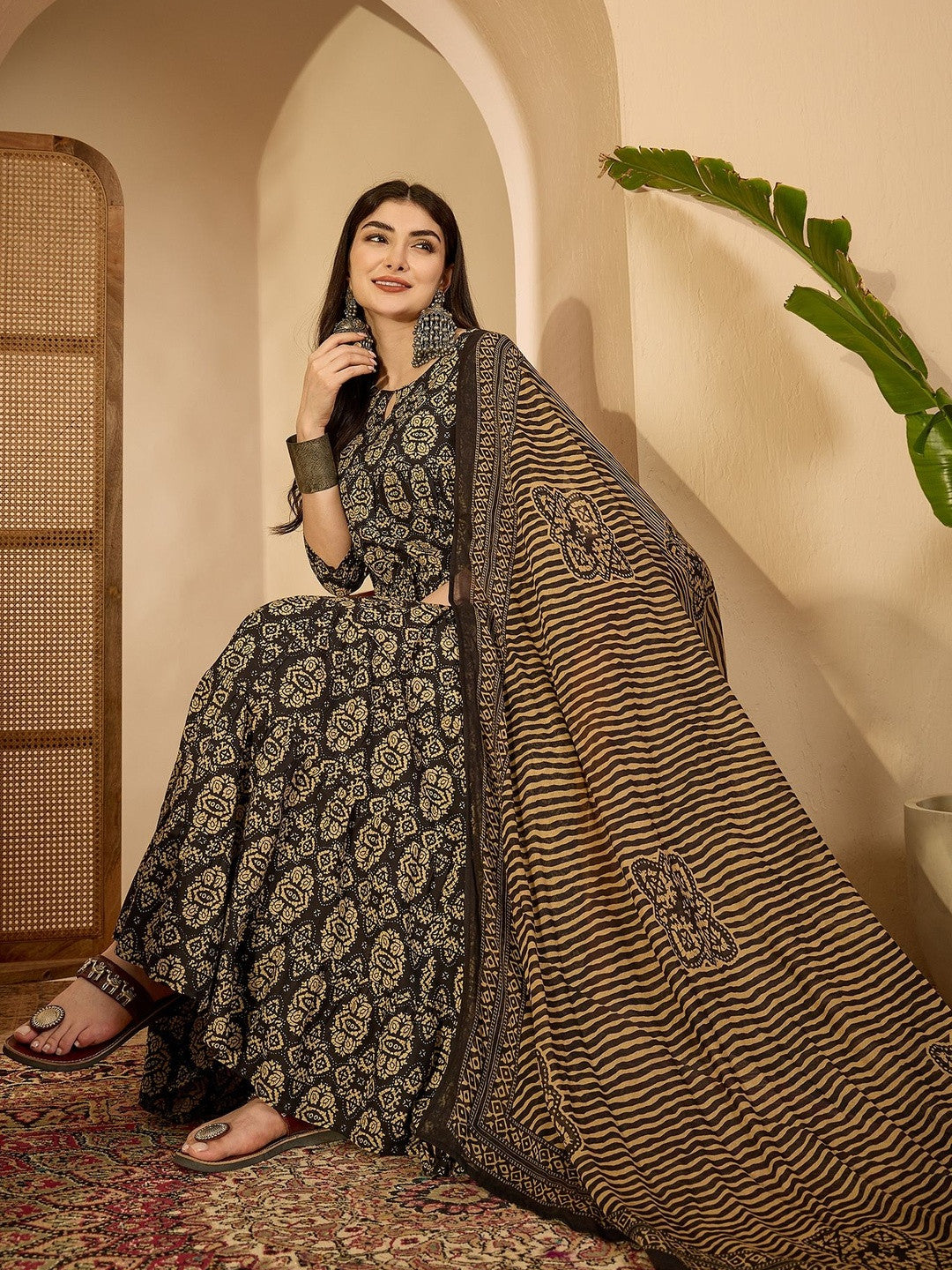 Women Ethnic Motifs Printed Tiered Pure Cotton Kurta with Palazzos & With Dupatta