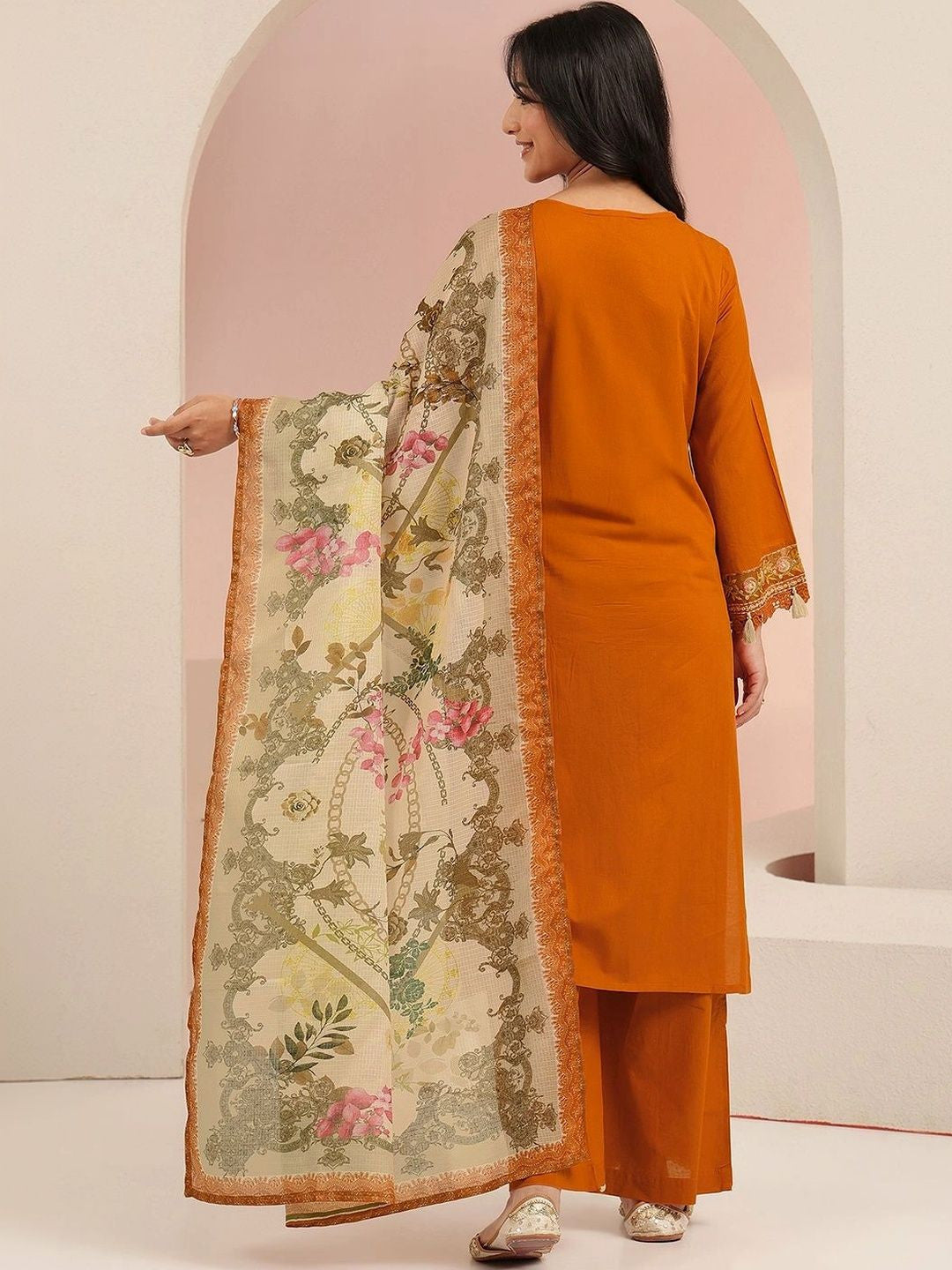 Rust Orange Floral Embridered Cotton Straight Suit Set