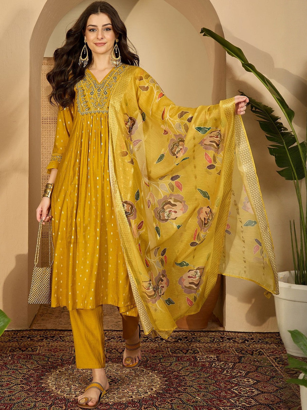 Dhiyona SN Women Ethnic Motifs Printed V-Neck Thread Work Kurta with Trousers & Dupatta