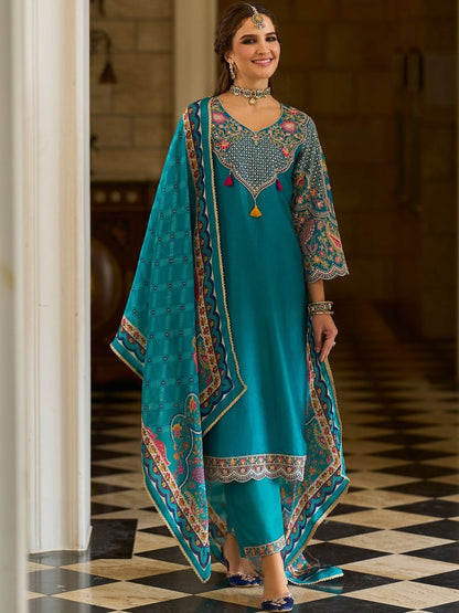 Ethnic Motifs Embroidered V-Neck Thread Work Kurta With Trousers & Dupatta