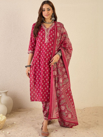 Women Ethnic Motifs Printed Regular Beads and Stones Pure Cotton Kurta with Patiala & With Dupatta