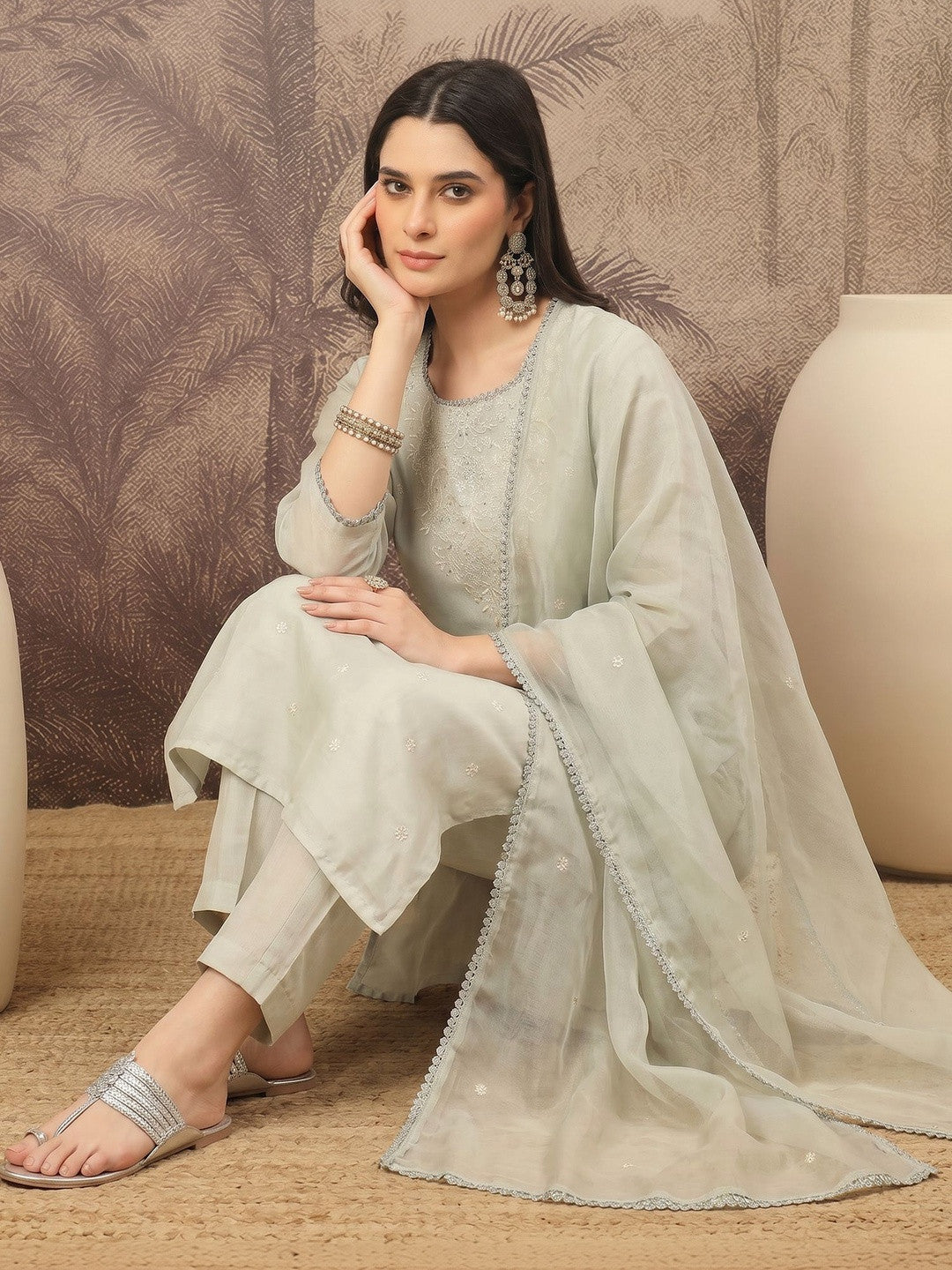 Embroidered Silk Blend Round Neck Kurta & Trousers With Dupatta