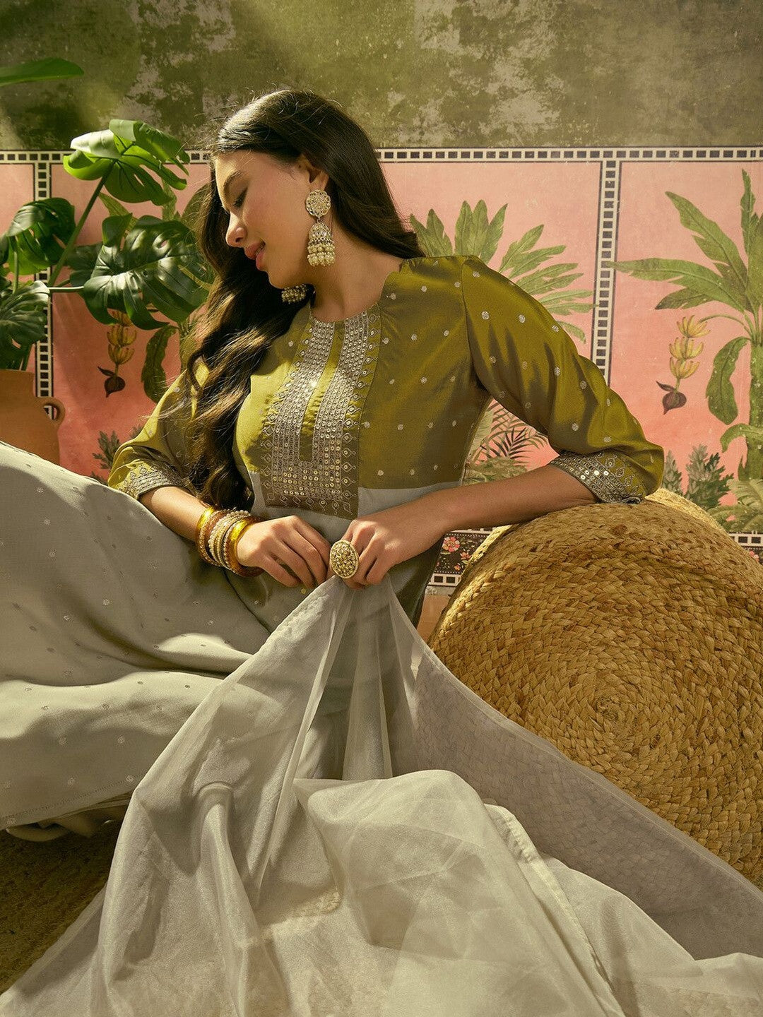 Embroidered Round Neck Kurta & Trousers with Dupatta