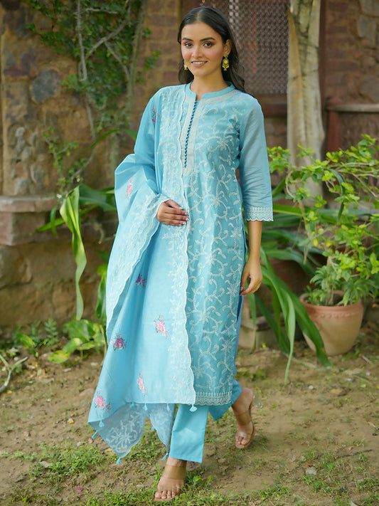 Women's LB Art Blue Embroidered Chanderi Silk Straight Suit With Dupatta