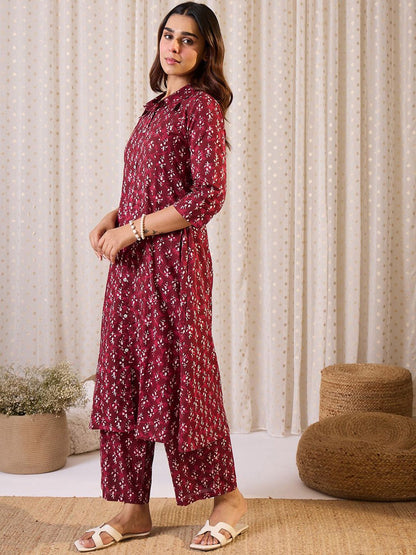 Dhiyona IE Printed Pure Cotton Shirt Collar Neck Tunic With Trousers