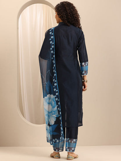 Floral Printed V-Neck Thread Work Straight Kurta With Trousers & Dupatta