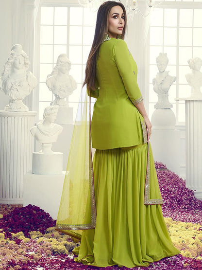 Dhiyona IN Floral Embroidered Notch Neck Georgette Straight Kurta With Sharara & Dupatta