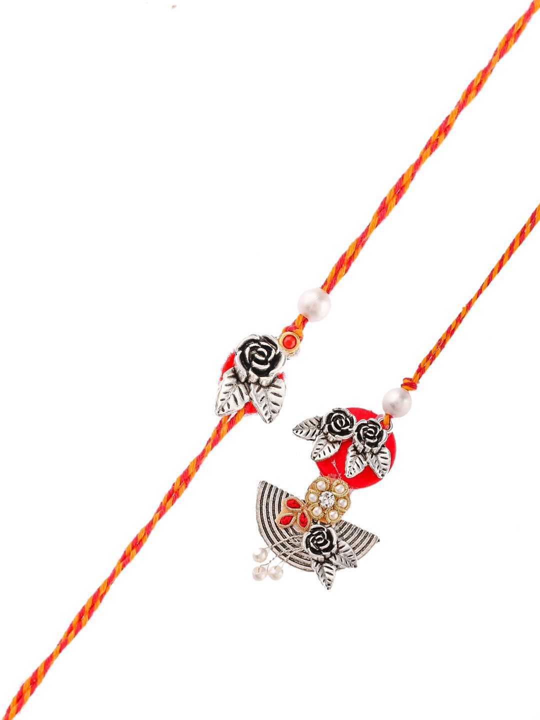 Dhiyona Silver-Toned Beaded Bhaiya Bhabhi Rakhi With Roli Chawal & Greeting Card