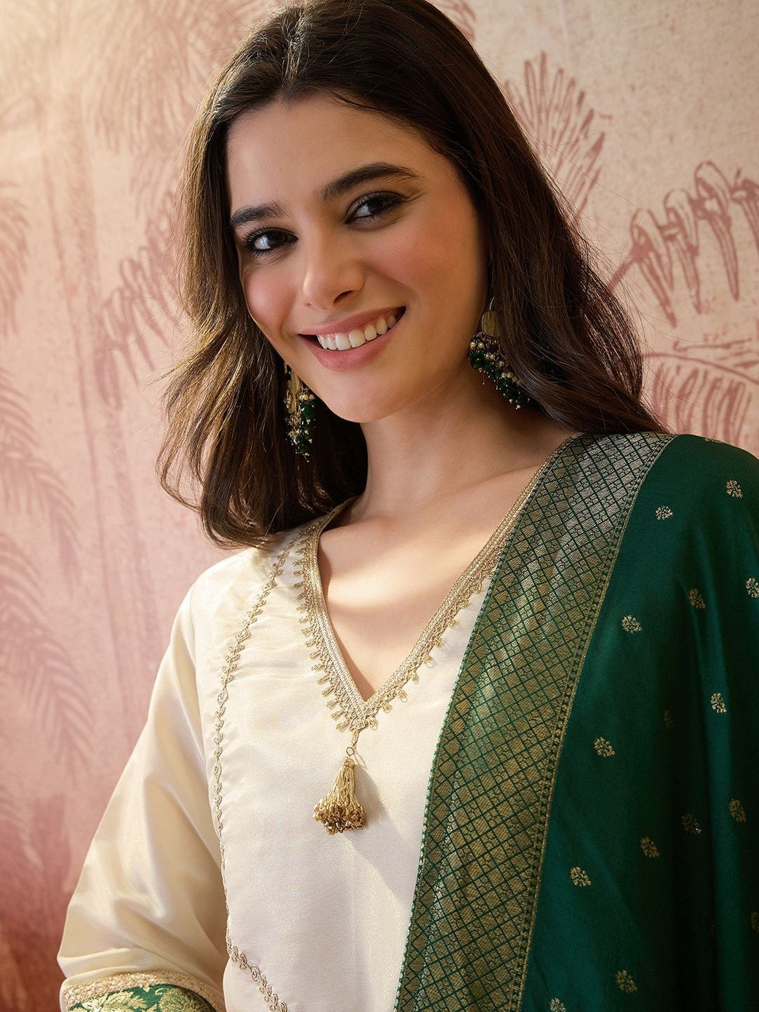 Embroidered V-Neck Kurta Trousers & Dupatta
