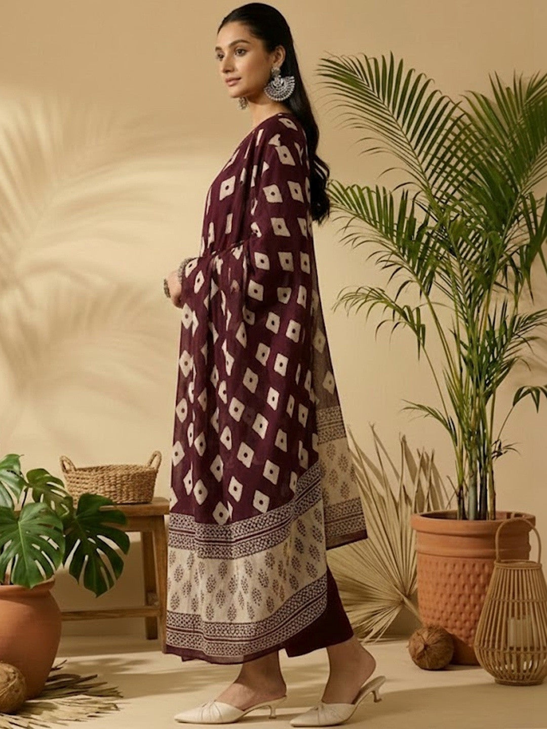 Printed Pure Cotton V-Neck Kurta & Trousers With Dupatta