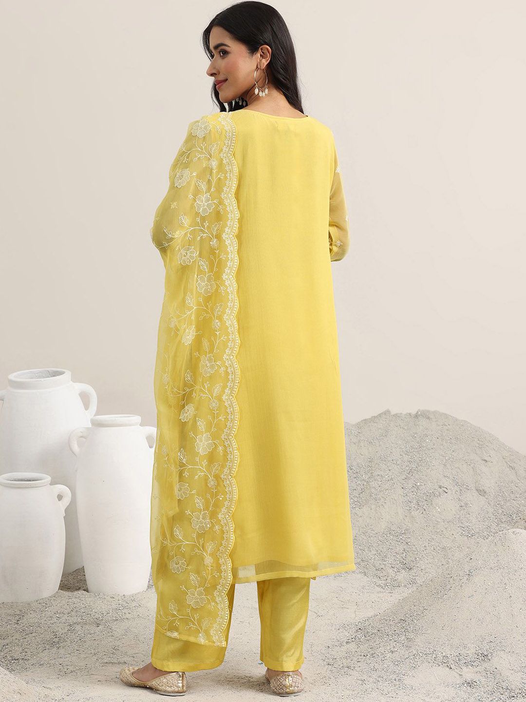 Dhiyona LL Ethnic Motifs Embroidered Round Neck Sequinned Kurta With Palazzos & Dupatta