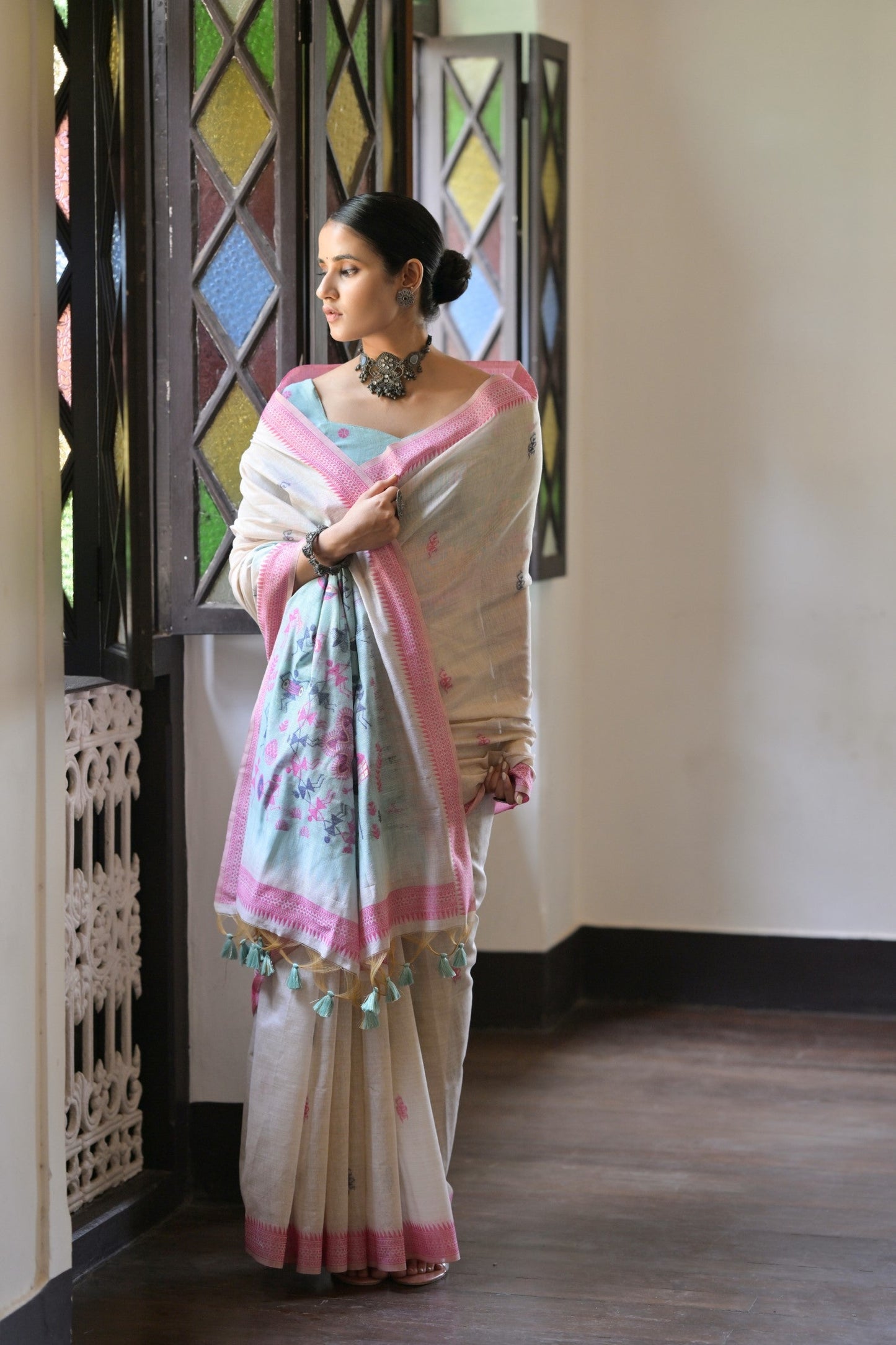 Dhiyona GR Women's Niza Pink Muga Cotton Saree