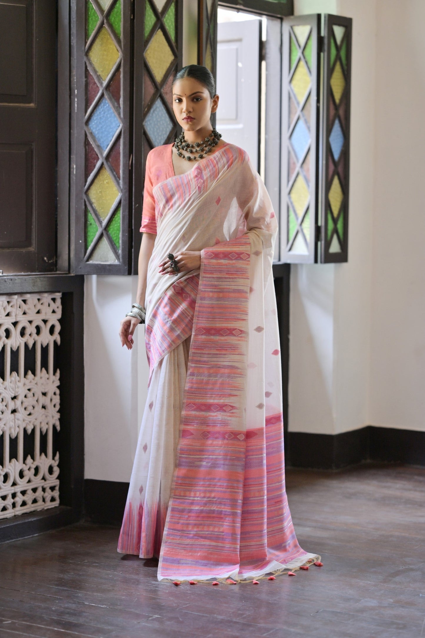 Dhiyona GR Women's Peach Muga Cotton Ikkat Saree