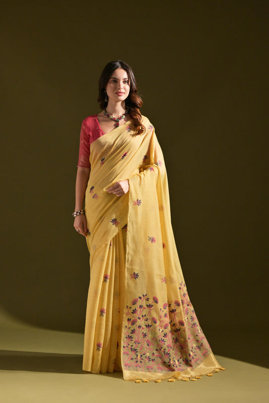 Dhiyona GR Women's Florance Beige Muga Cotton Jamdani Saree