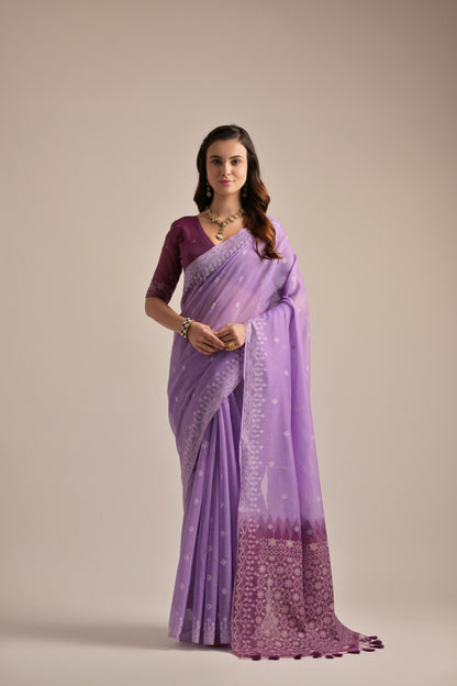 Dhiyona GR Women's Lavender Muga Cotton Jamdani Saree