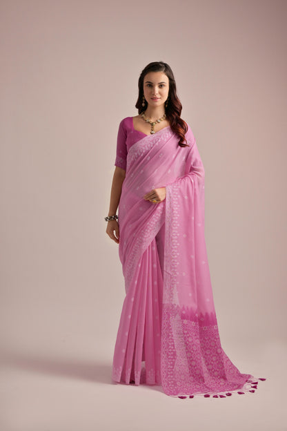 Dhiyona GR Women's Pink Muga Cotton Jamdani Saree