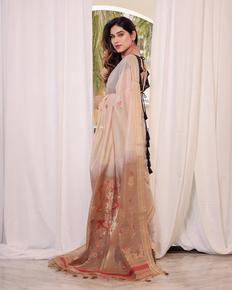Dhiyona GR Women's Beige Muga Cotton Woven Saree
