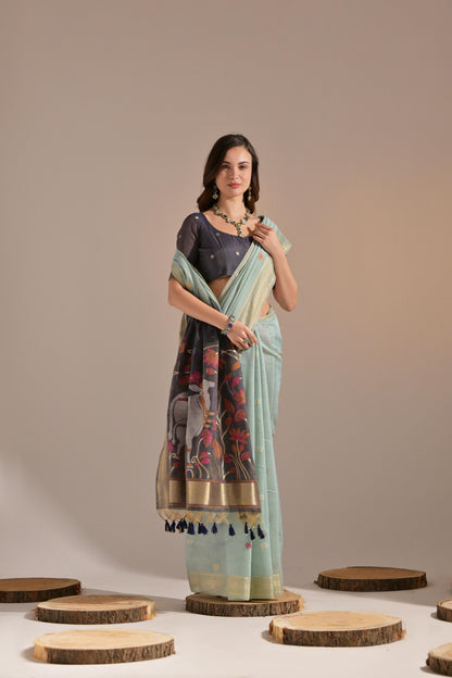 Dhiyona GR Women's Jissa Firozi Blue Muga Cotton Pichwai Saree