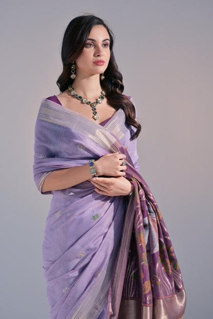 Dhiyona GR Women's Jissa Lavender Muga Cotton Pichwai Saree