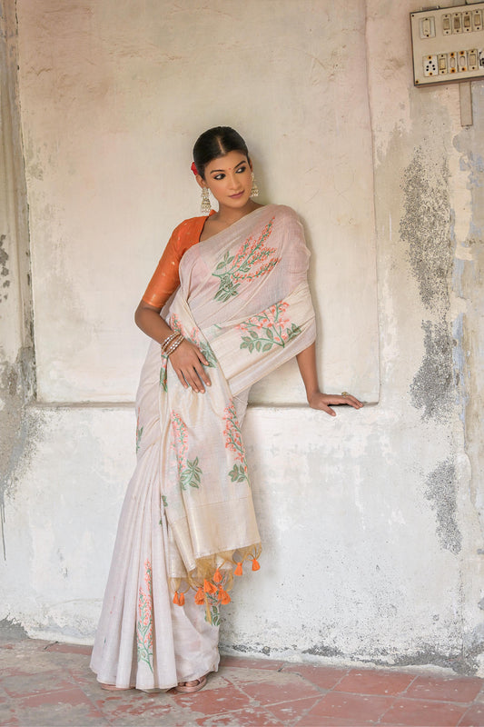 Dhiyona GR Women's Ice White & Orange Muga Cotton Woven Saree