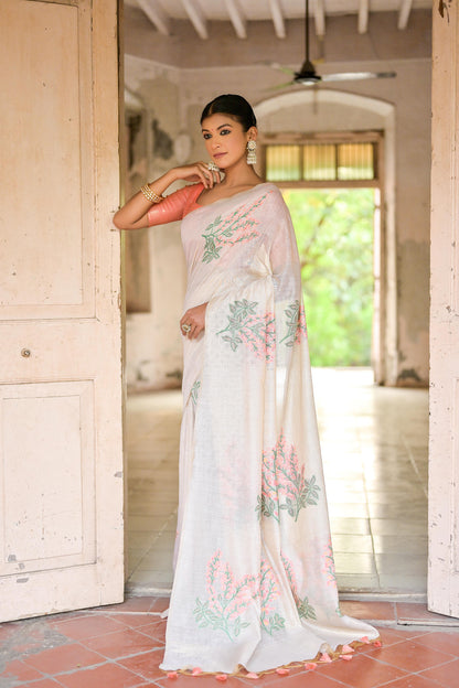 Dhiyona GR Women's Ice White & Peach Muga Cotton Woven Saree