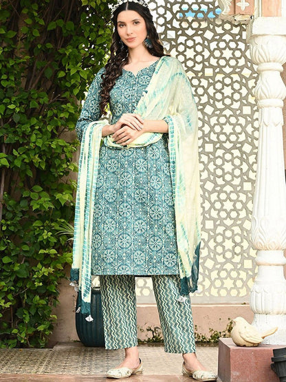 Women Ethnic Motifs Printed Regular Pure Cotton Kurta with Trousers & With Dupatta