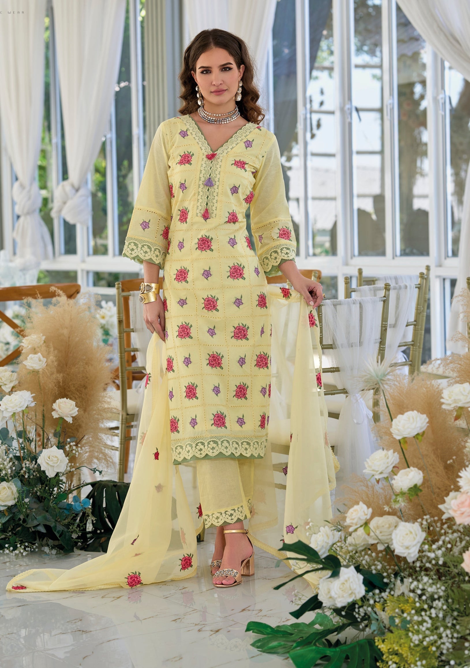 Sargam Lime Embroidery Cotton Suit Set