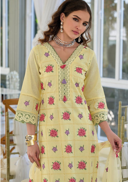 Sargam Lime Embroidery Cotton Suit Set