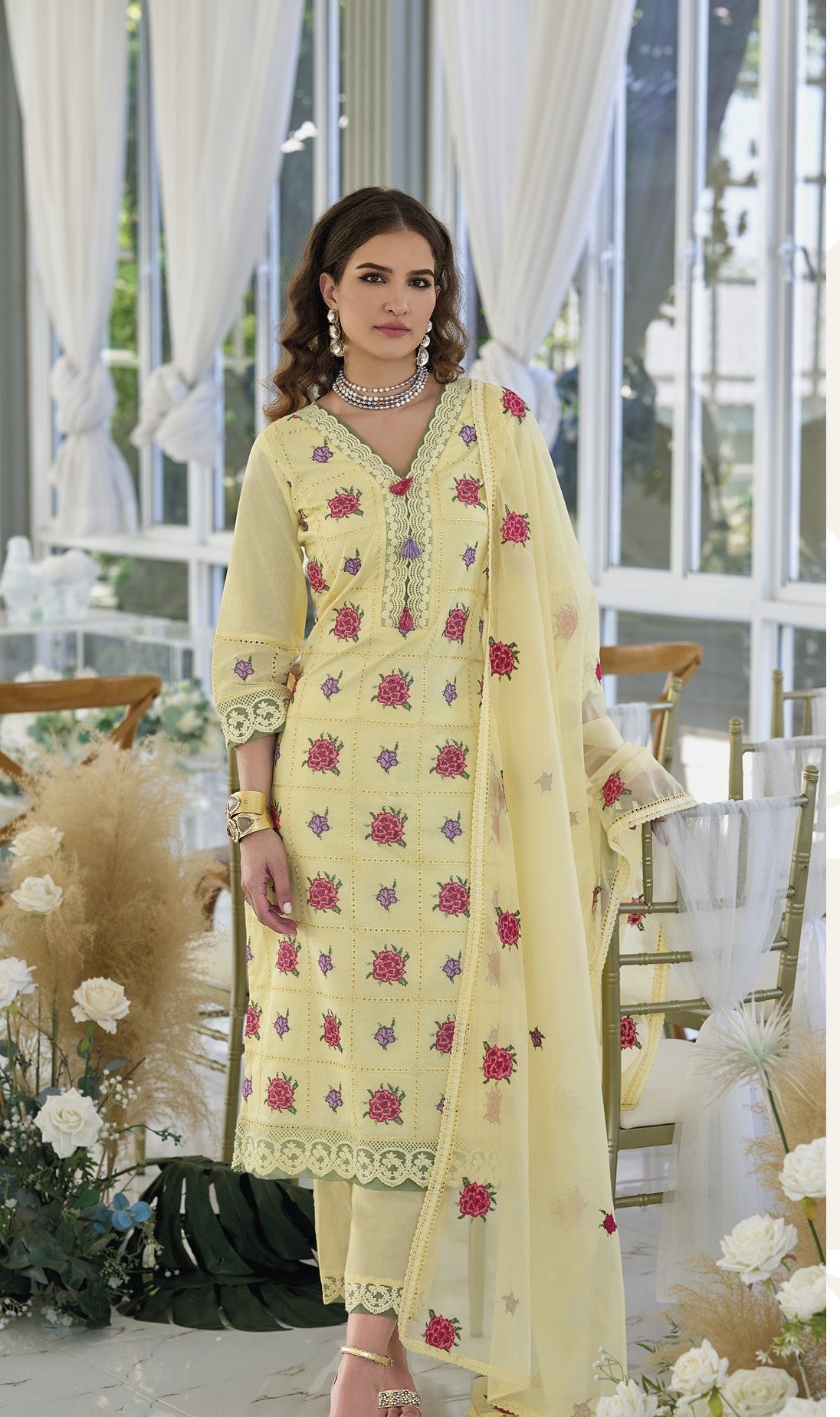 Sargam Lime Embroidery Cotton Suit Set