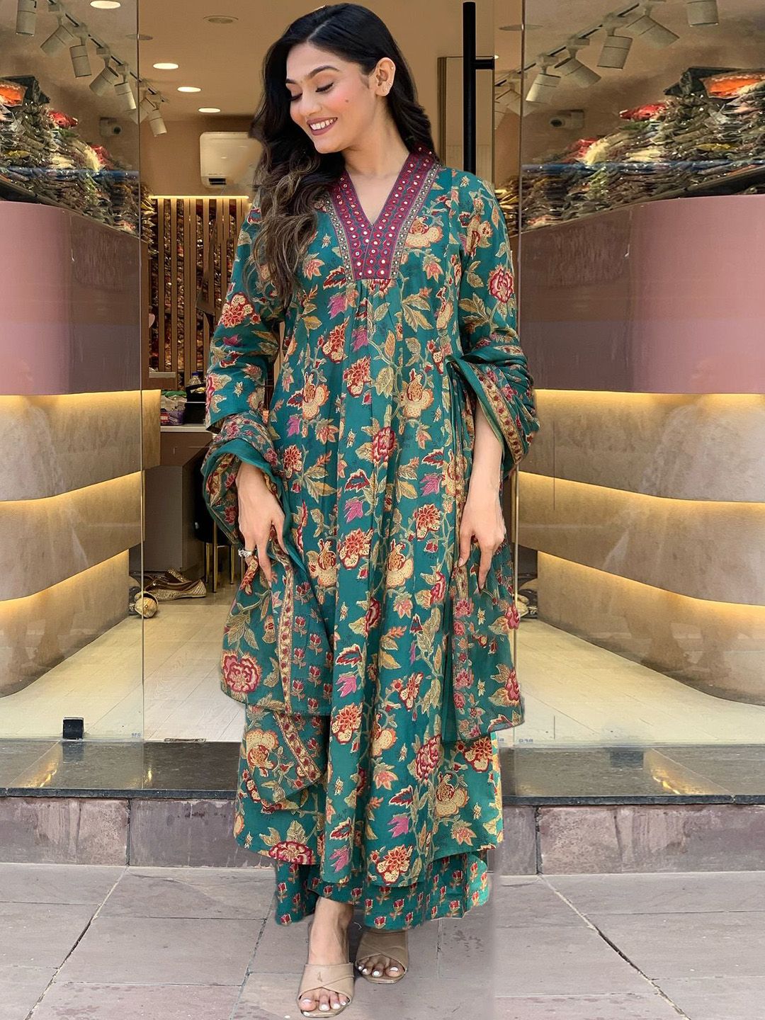 Dhiyona KL Floral Printed V-Neck A-Line Kurta With Palazzos & Dupatta