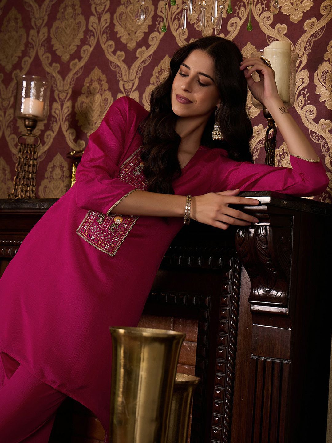 Dhiyona CH Women Floral Embroidered Pleated Kurta with Trousers