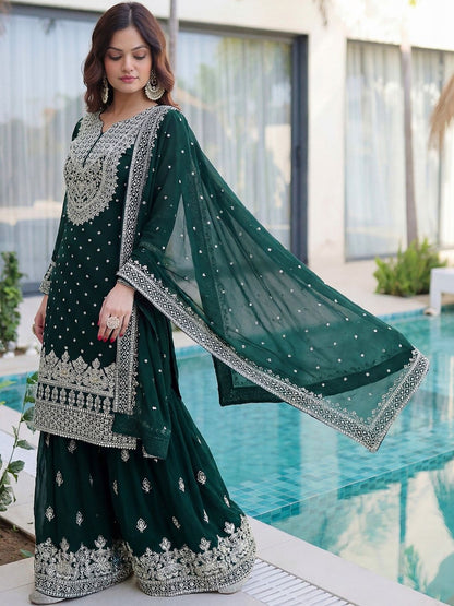 Dhiyona SN Embroidered Round Neck Straight Kurta & Sharara With Dupatta