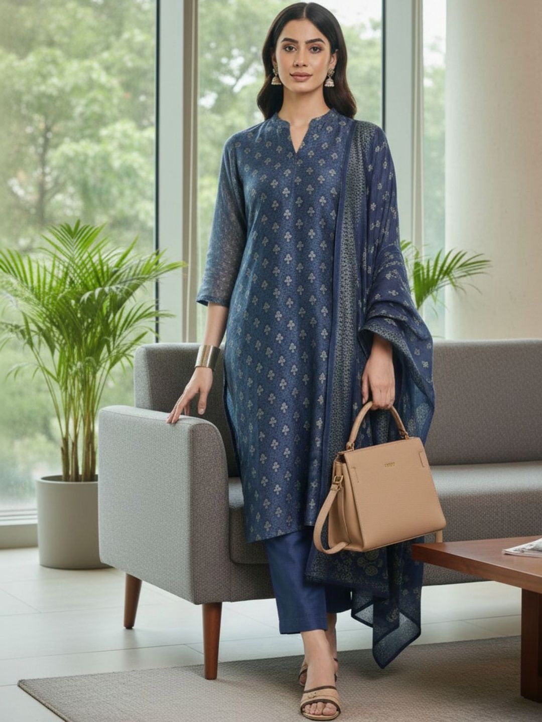 Navy Blue Women Floral Printed Regular Chanderi Silk Kurta with Trousers & With Dupatta