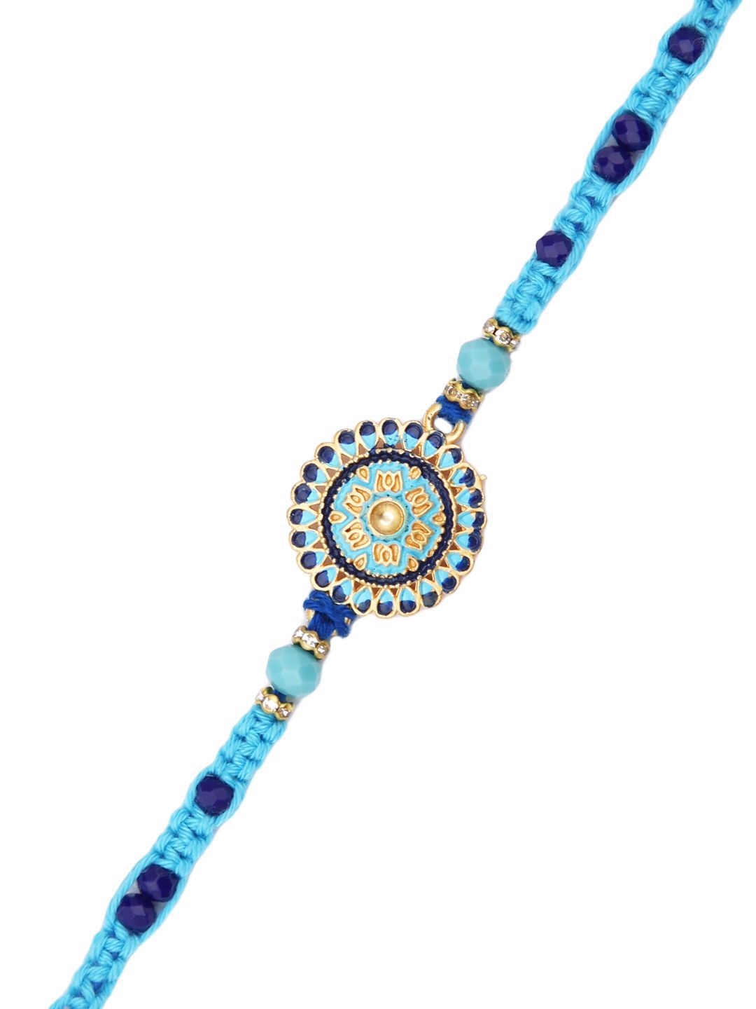 Dhiyona Enameled Beaded Thread Rakhi With Roli Chawal & Greetings Card