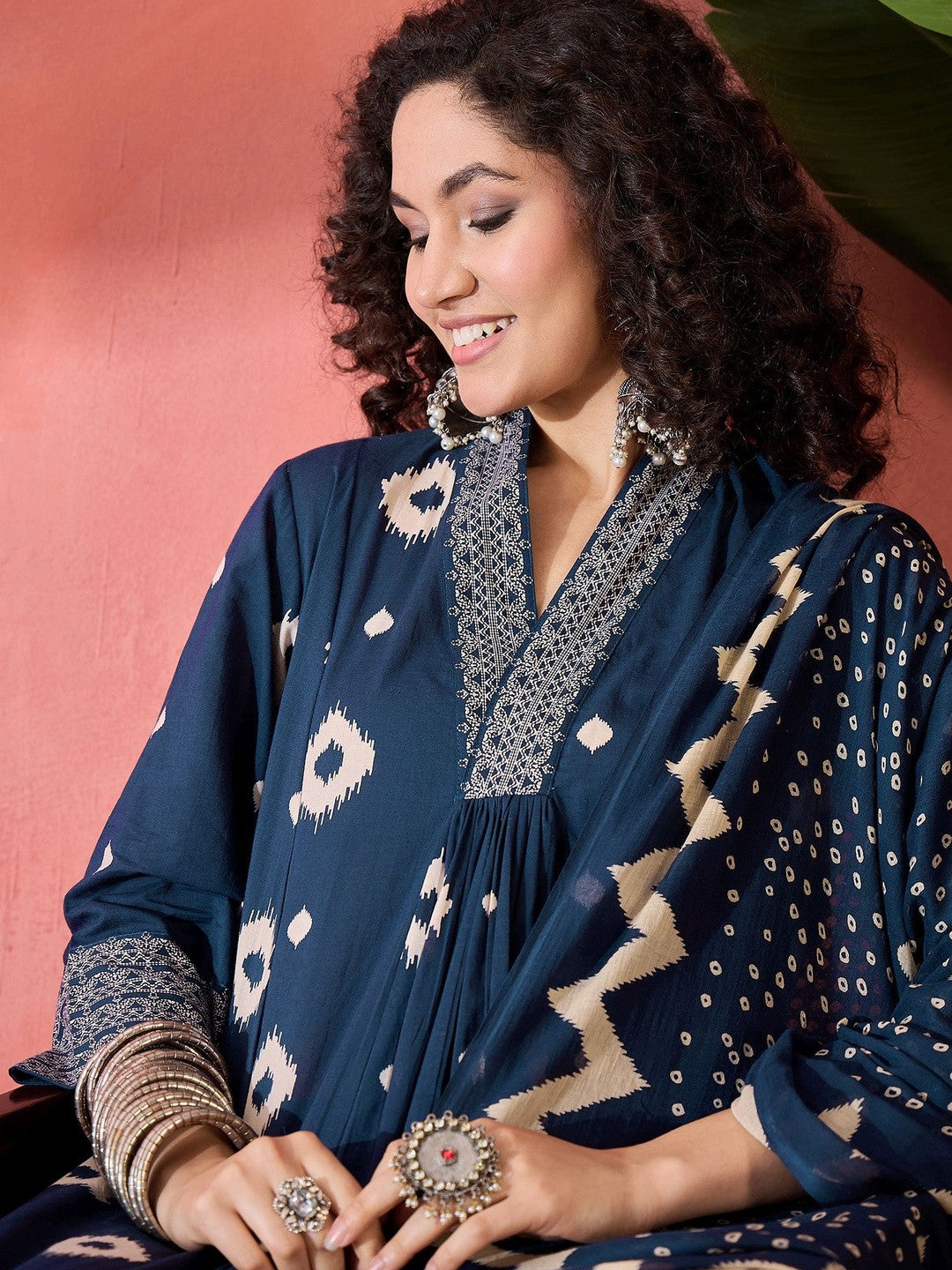 Printed Pure Cotton V-Neck Kurta & Trousers Kurta Set