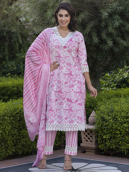 Dhiyona KL Floral Printed Thread Work Pure Cotton Straight Kurta With Trouser & Dupatta