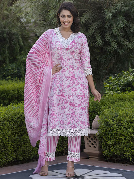 Dhiyona KL Floral Printed Thread Work Pure Cotton Straight Kurta With Trouser & Dupatta